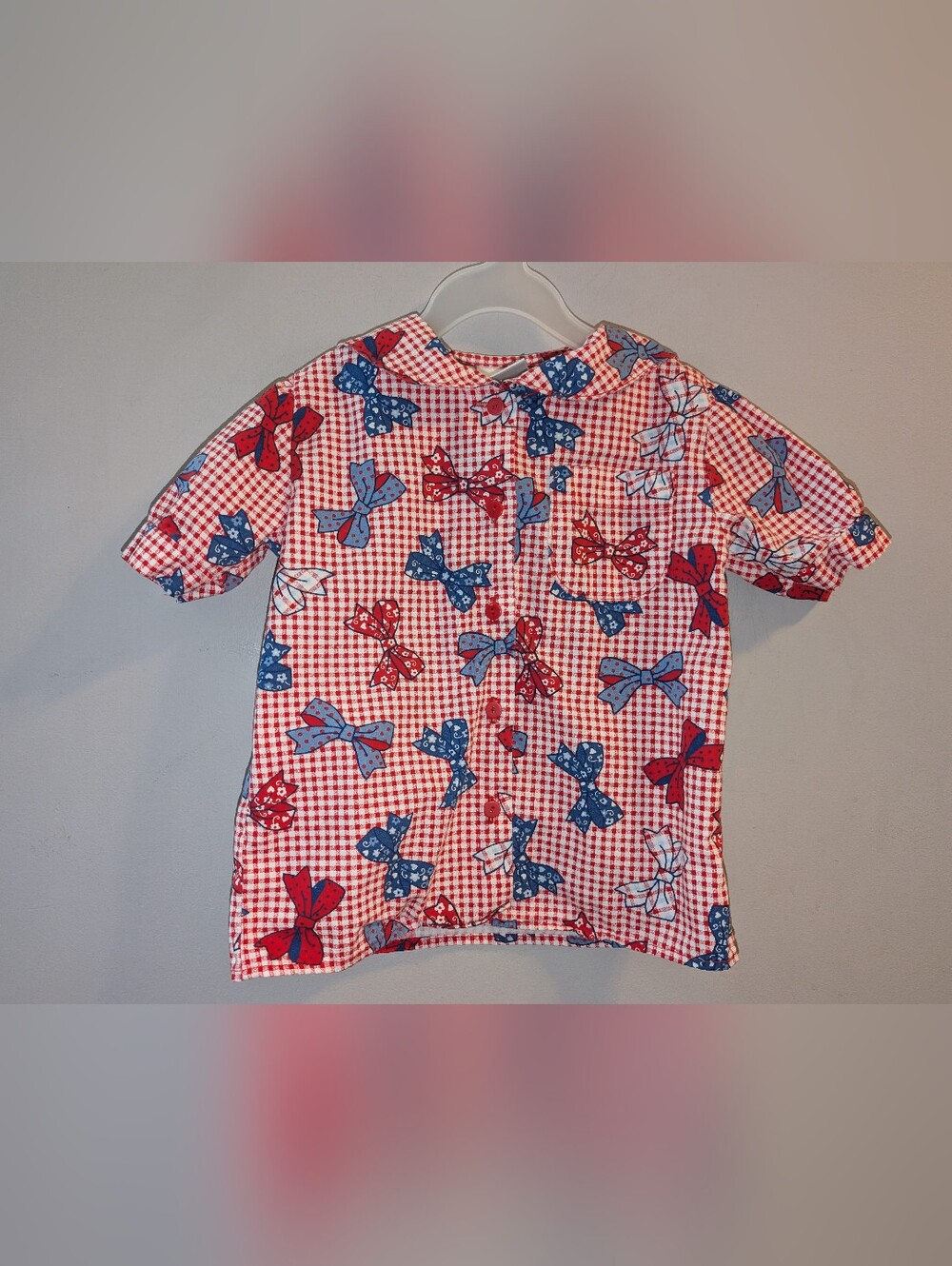 🎀 Osh Josh Vtg Girls Red Gingham Checked Bow Print Short-Sleeved Top Blouse 4T